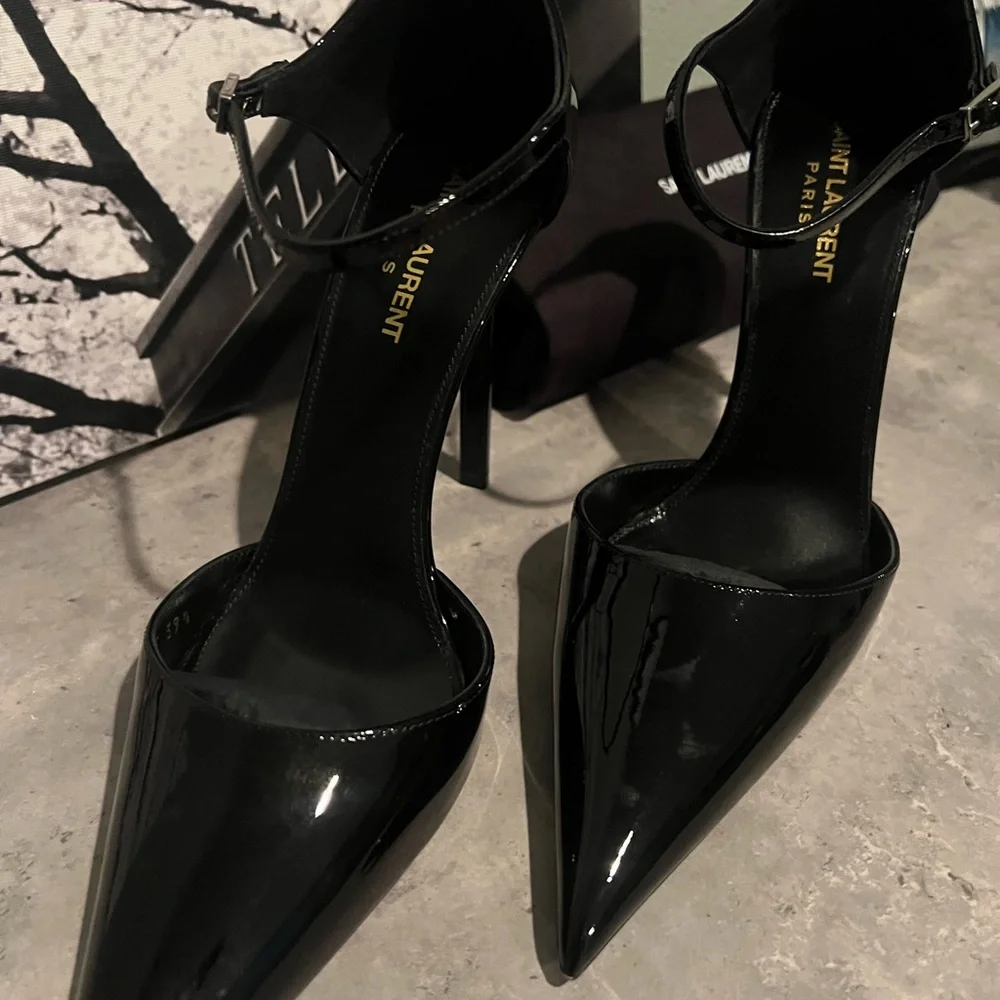 Saint Laurent Black Patent Leather Pointed-Toe Ankle-Strap Heels - Picture 2 of 6